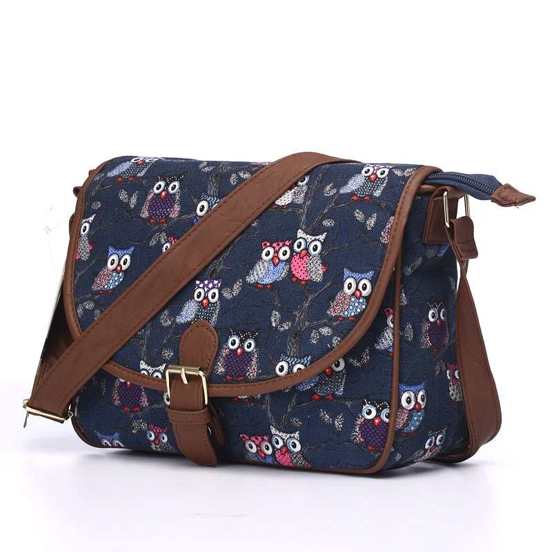 Adjustable Strap Canvas Owl Printed Shoulder Bag Blue