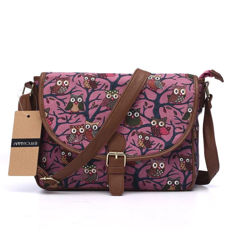 Adjustable Strap Canvas Owl Printed Shoulder Bag Purple