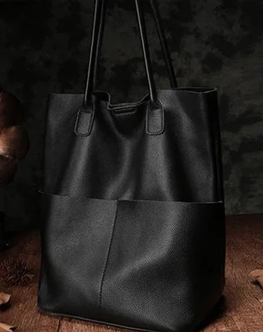 Vertical Black Leather Tote Bag Womens Brown Shopper Tote Handbag Purse