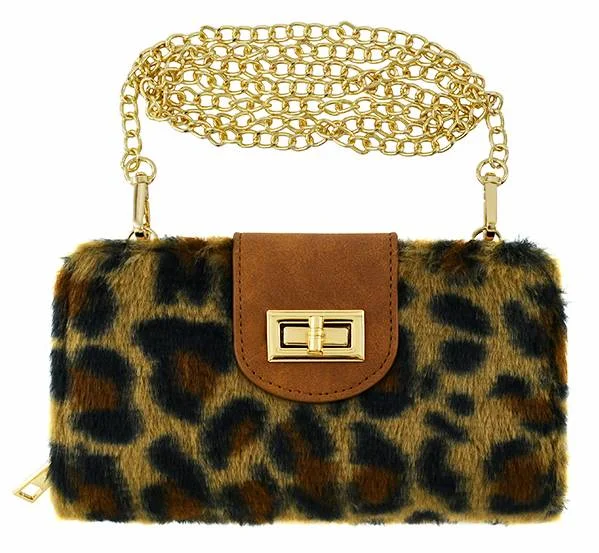 BP041LF Leopard Faux Fur Turn Lock Crossbody Wallet