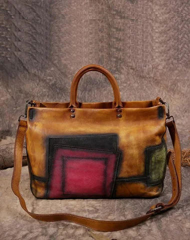 Vintage Color Brown Block Women Leather Tote Handbags Shopping Bag Purse Handbags Shoulder Bags