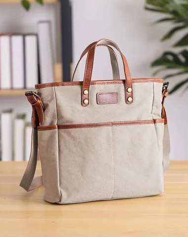 Casual Canvas Leather Mens Womens Large 13" Brown Handbag Tote Bag Beige Shoulder Bag Tote Purse For Men