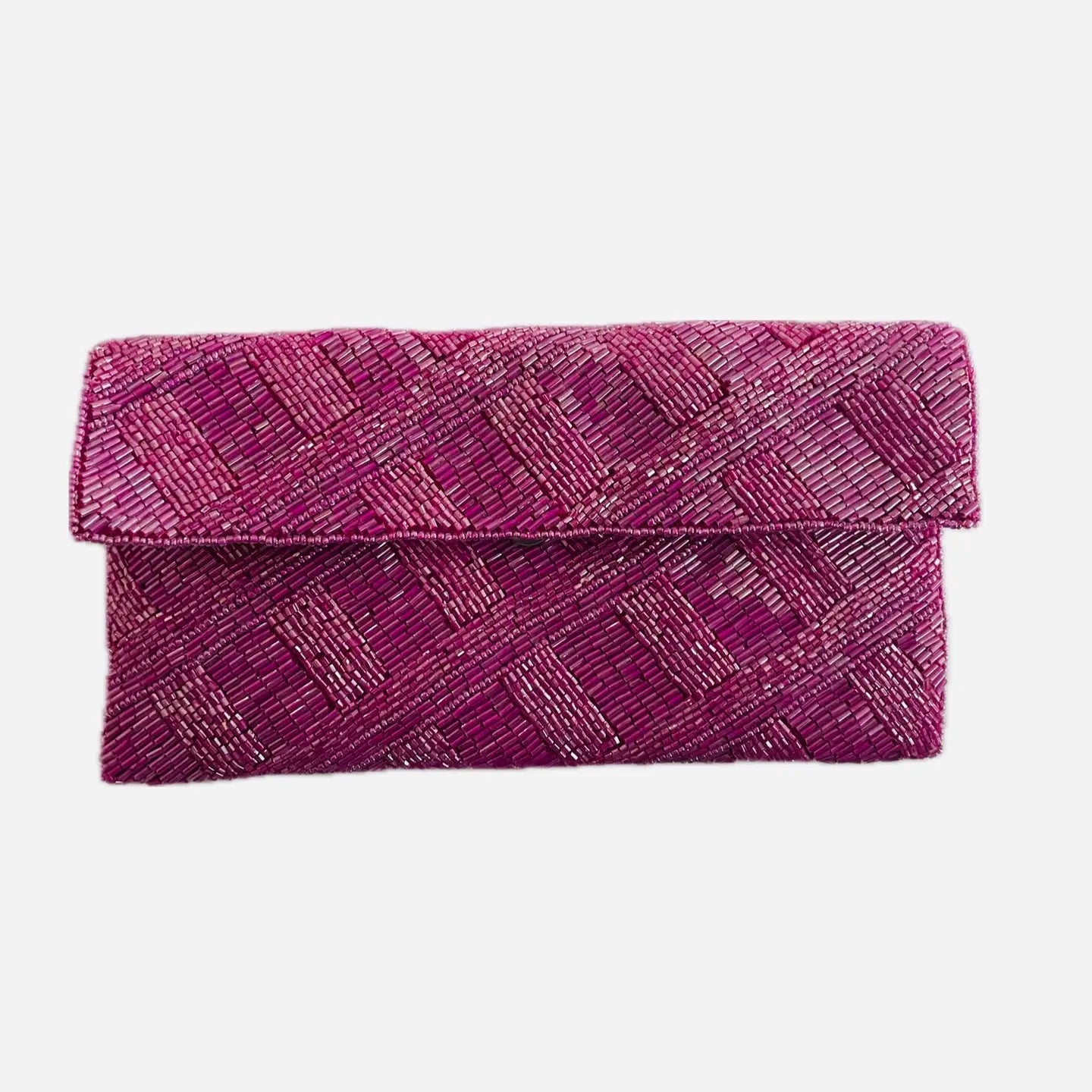 Criss Cross Beaded Clutch Fuschia