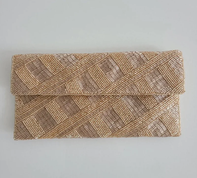 Criss Cross Beaded Clutch Taupe