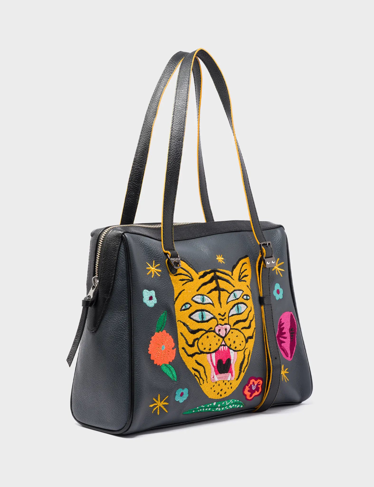 Esther Stormy Gray Satchel Bag - Tiger and Flowers Embroidery