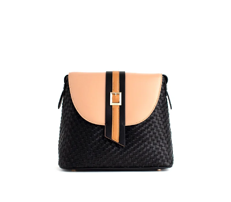 Gunas New York Kate Black Vegan Basket Weave Crossbody Shoulder Bag