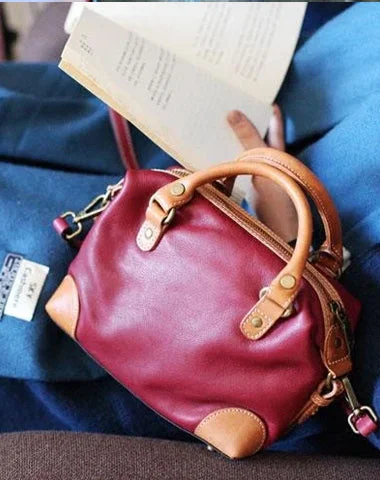 Vintage Womens Leather Small Red Satchel Handbag Shoulder Bag Ladies Doctor Satchel Purse Women's Satchel Crossbody Purse