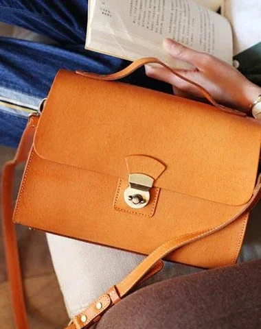 Vintage Womens Brown Leather Handbag Flap Over Crossbody Bag Shoulder Bag Brown Leather Satchel Purse