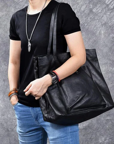 Leather Mens Womens 15" Large Shoulder Bag Black Tote Bag Large Side Bag Handbag For Men