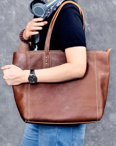 Leather Mens Womens 15" Large Shoulder Bag Brown Tote Bag Large Side Bag Dark Coffee Handbag For Men