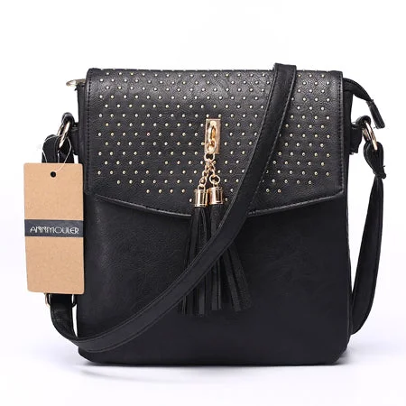 New AnnaMouler Double Zipper Shoulder Bag with Tassel Black