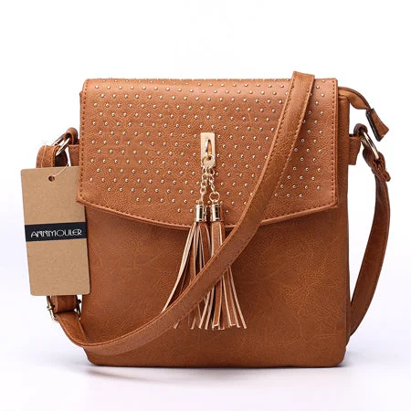 New AnnaMouler Double Zipper Shoulder Bag with Tassel Brown