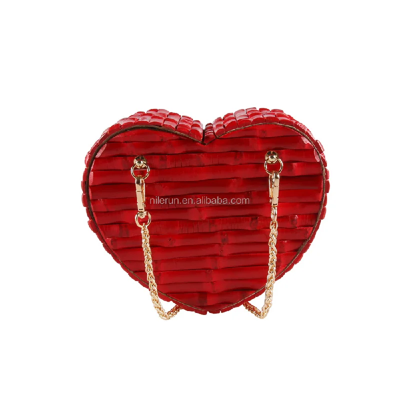 Nilerun Brand Fashion New Latest Unique Handmade Painted Shiny Red Cute Heart Shape Bamboo Root Purse Handbag Tote Shoulder Bag