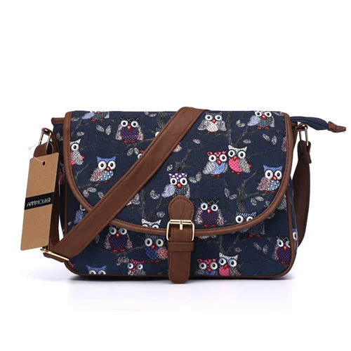 Owl Printed Patchwork Shoulder Bag Blue