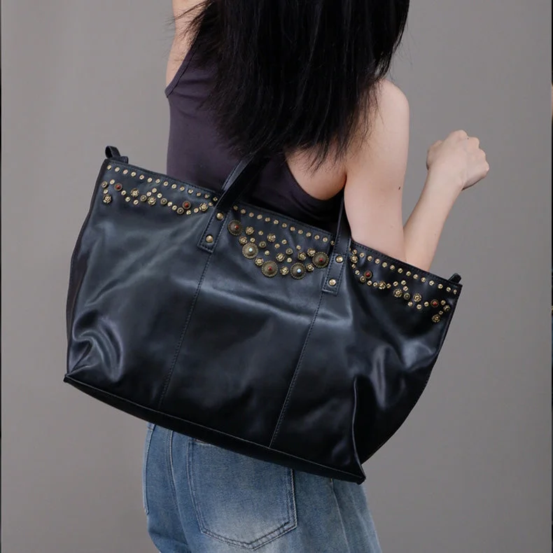 Rivet Studded Womens Genuine Leather Tote Bag Leather Shoulder Bags For Ladies