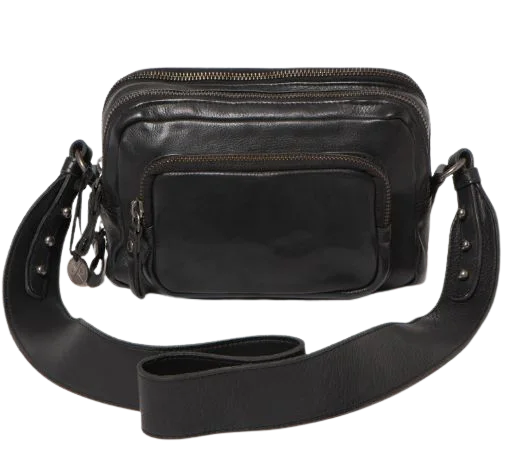 STITCH & HIDE WASHED LEATHER FITZROY CROSSBODY/SHOULDER BAG BLACK - FREE WALLET POUCH