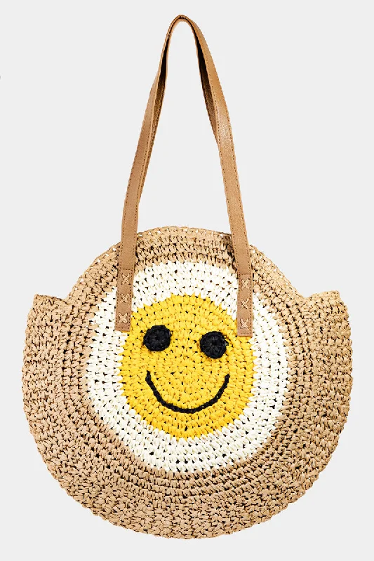 Straw Braided Round Happy Face Tote Bag