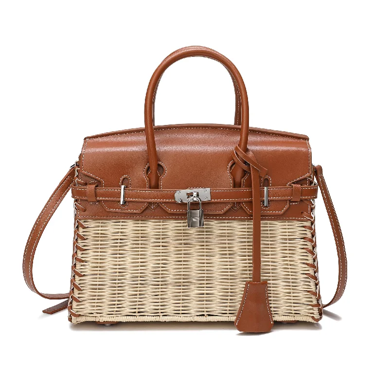 Tiffany & Fred Smooth-Leather & Straw Top-Handle Bag