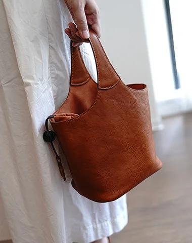 Vintage Brown Leather Small Bucket Handbag Women Handmade Small Barrel Bag for Women