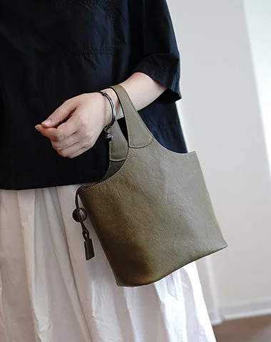 Vintage Green Leather Small Bucket Handbag Women Handmade Small Barrel Bag for Women