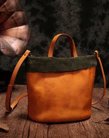 Vintage Womens Leather Brown Tote Handbag Small Green Shopper Tote Shoulder Tote for Ladies