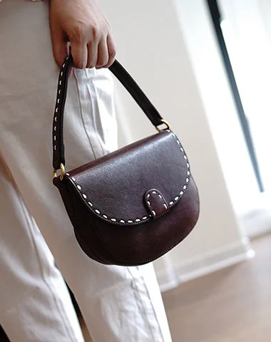 Vintage Womens Coffee Leather Small Saddle Handbag Shoulder Bag Purse for Women