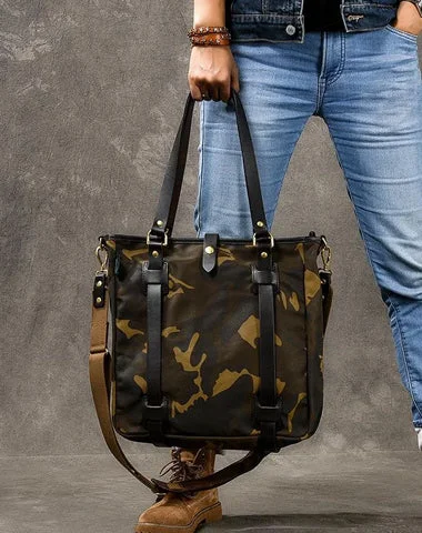 Waxed Canvas Leather Mens Womens 14'' Camouflage Tote Bag Handbag Tote Bag Shoulder Bag Tote Purse For Men