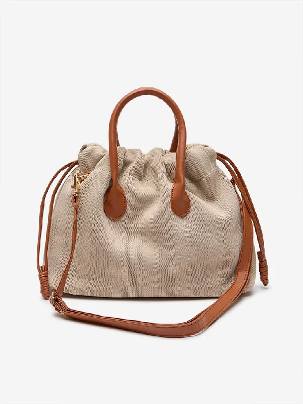 Westside Beige Fabric Textured Bucket Bag