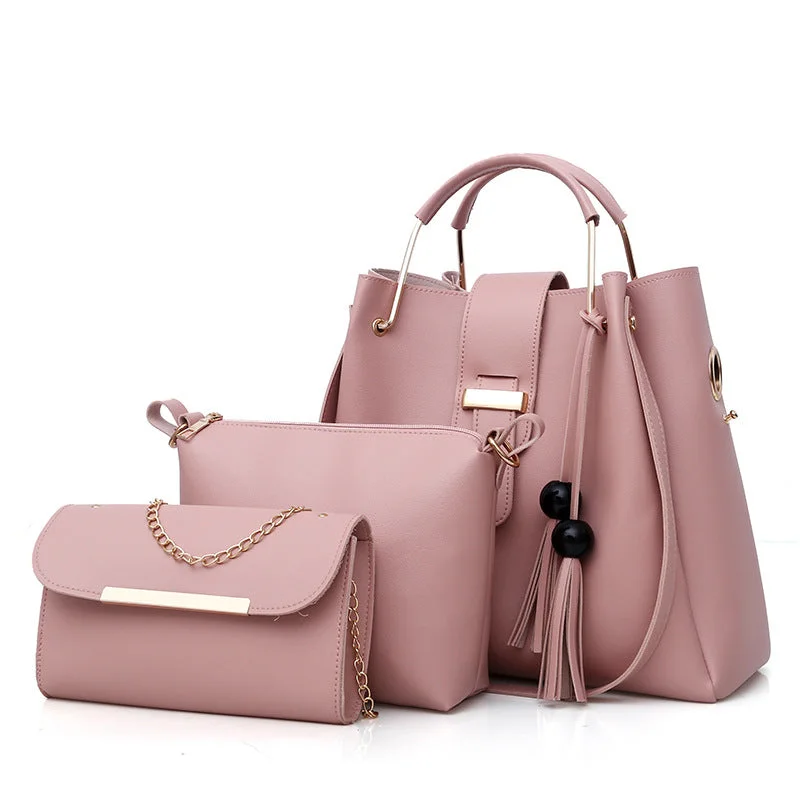 Wholesale Ladies Handbag PU Leather Wallet and Handbag Large Capacity Tassel Tote Handbag 3 pieces set designer bags